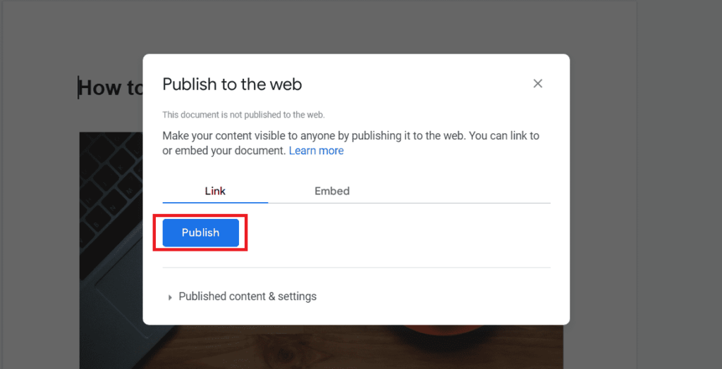 Publish to the Web Link Tab